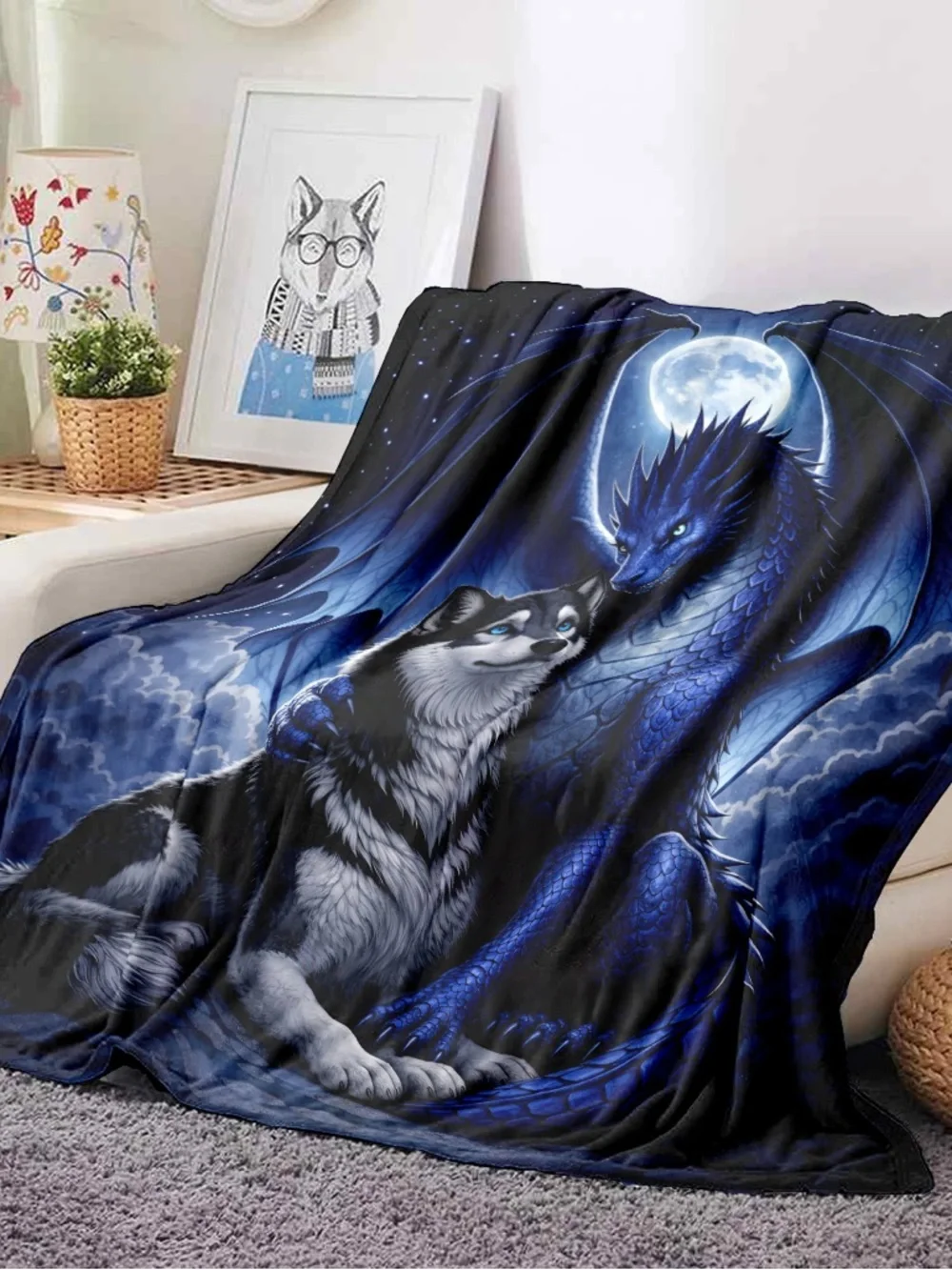 Mystic Blue Dragon & Husky Fleece Throw Blanket - Picture 2 of 6